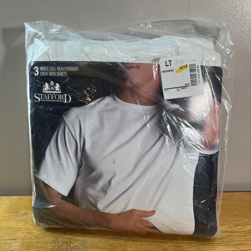 Vtg Stafford Mens Tall Heavyweight Crew Neck Shirts 3 Pack White LT 42-44 NEW